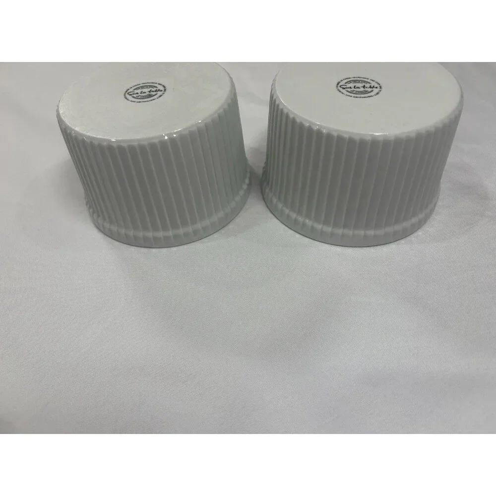 Lot of 2 Sur La Table Porcelain Round Soufflé Dishes Ramekin Ribbed White 8 Oz